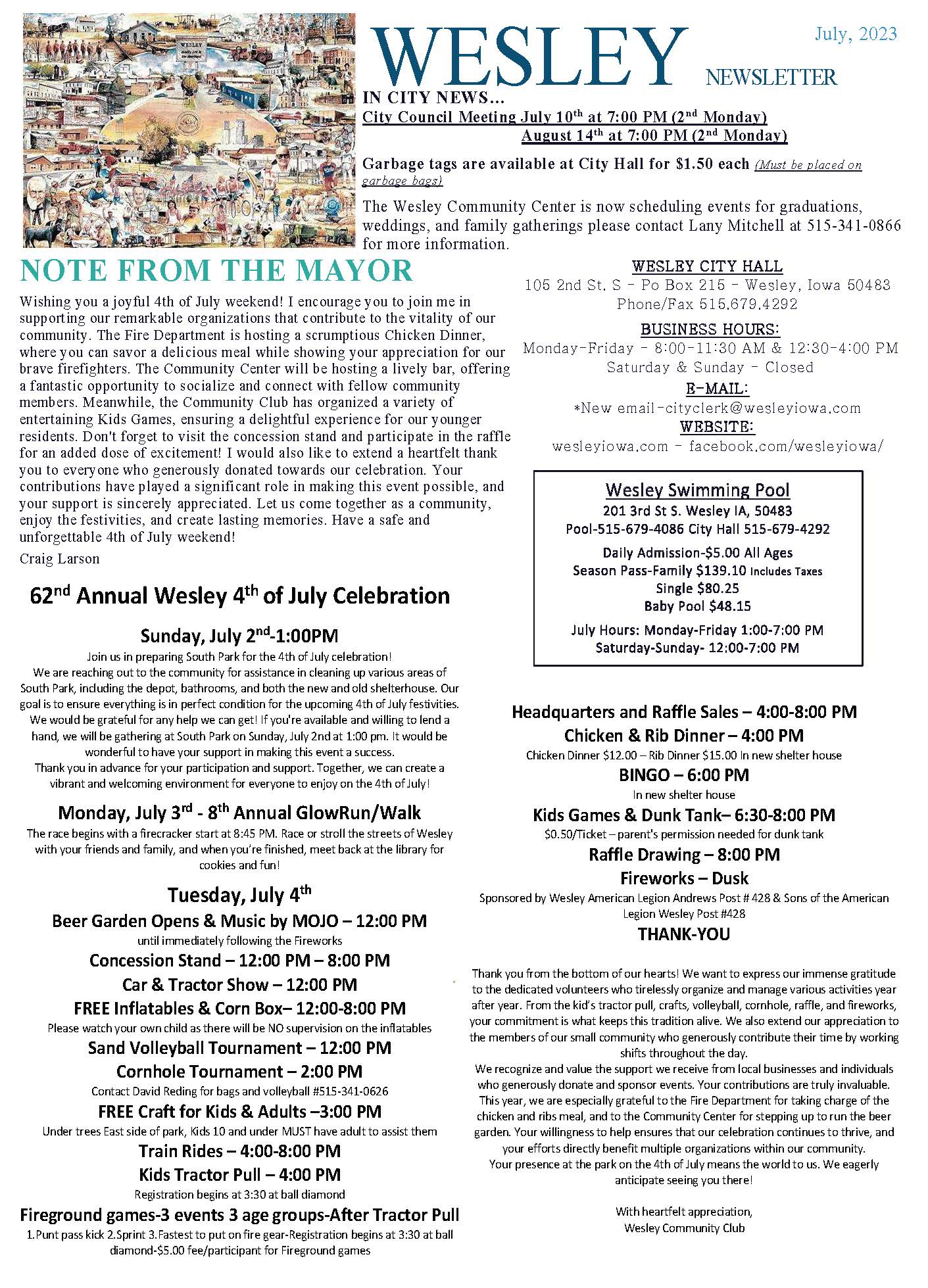 City of Wesley Newsletter July 2023 Kossuth County Economic